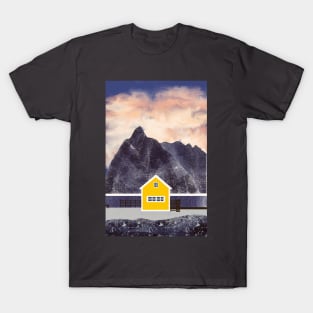 Yellow Little cabin in Norway Sakrisoy island In the dark T-Shirt